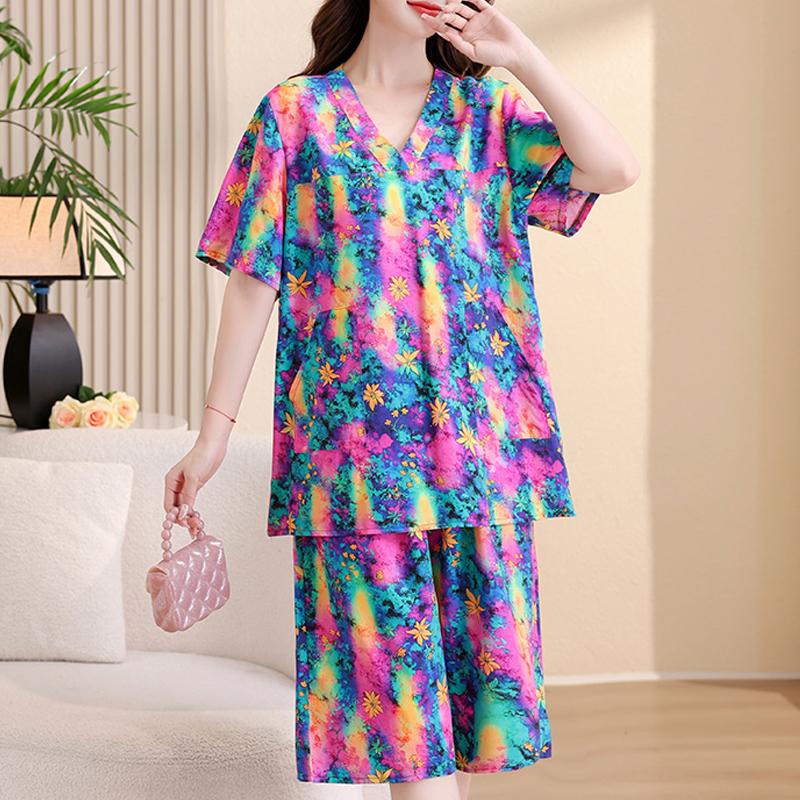 Casual Women's Two Pieces Set Summer Vintage Clothes Plus Size High Waist Pants Sets