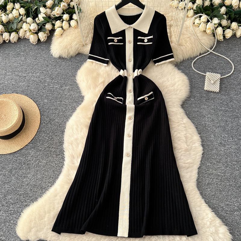 Elegant Slimming Spliced Single-breasted Knit Dresses for Women Lapel Short Sleeves Patchwork Sweater Dress Female