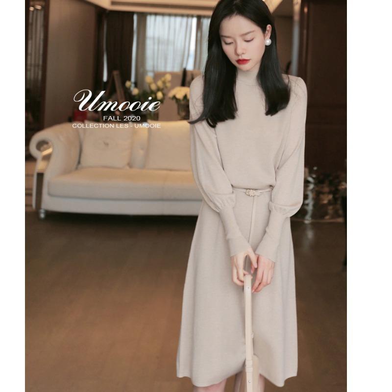 Half turtleneck medium and long solid color sweater knitted dress women's autumn and winter simple and thin bottoming skirt