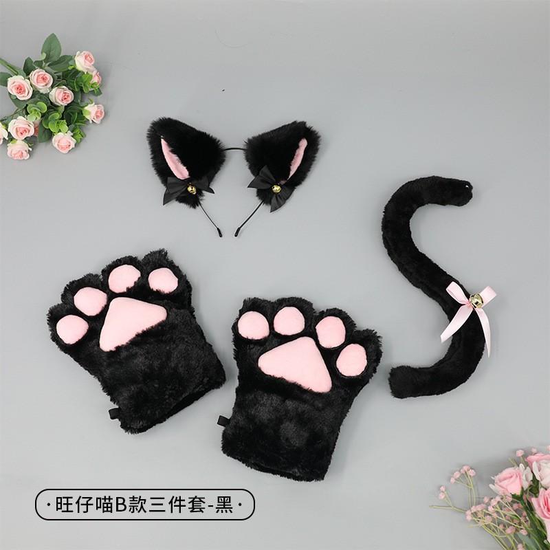 Fluffy Cat Ears Headband With Paw Gloves Tail Set Costume Party Cosplay Animal Themed Event