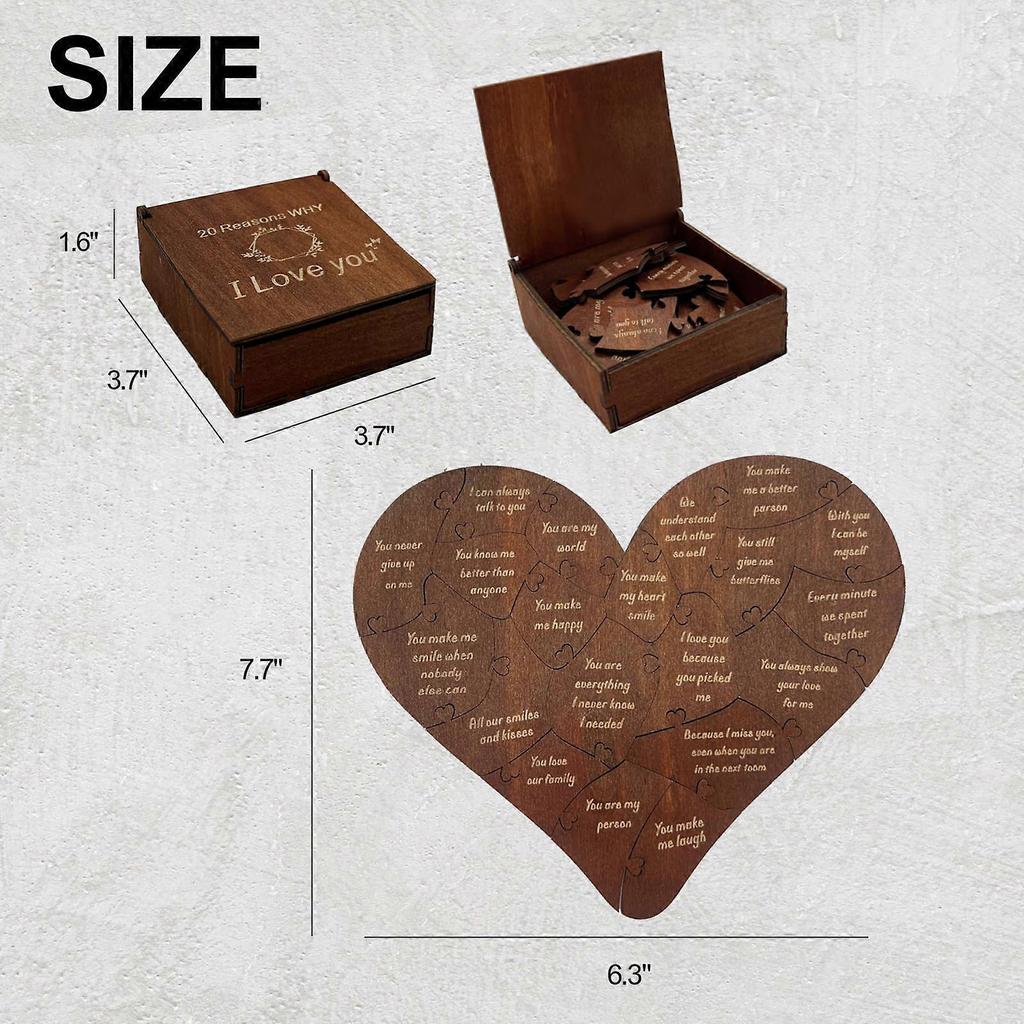 20 Reasons Why I Love You Heart Puzzle with Gift Box, Wooden Romantic Valentine's Day Gift, Creative Love Expression Puzzle Toy
