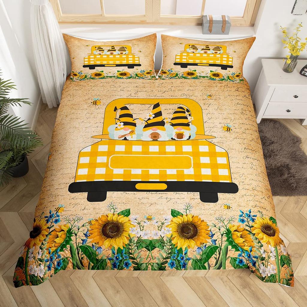 Purple Lavender Dwarf Duvet Cover King Queen Kawaii Cartoon Gnome Bedding Set Spring Flowers Comforter Cover Floral Quilt Cover