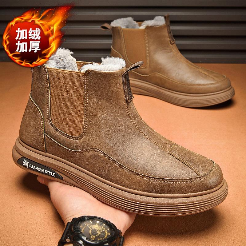 Winter new windproof and waterproof PU leather cover cotton shoes piled thickened snow boots warm men's boots