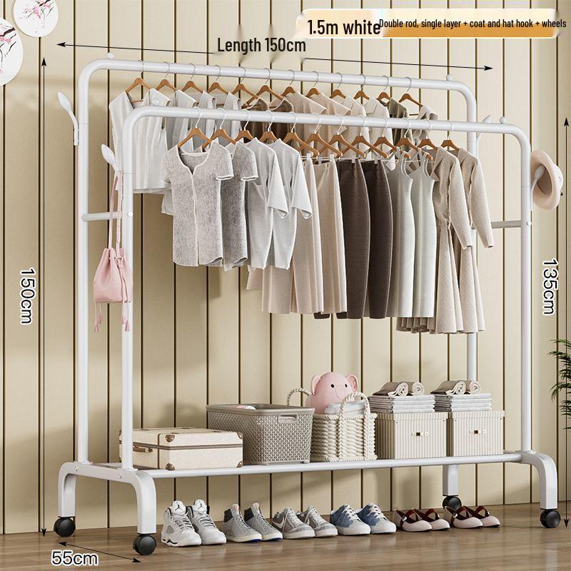 Sturdy Movable Floor-Standing Clothes Rack for Bedroom and Balcony Drying