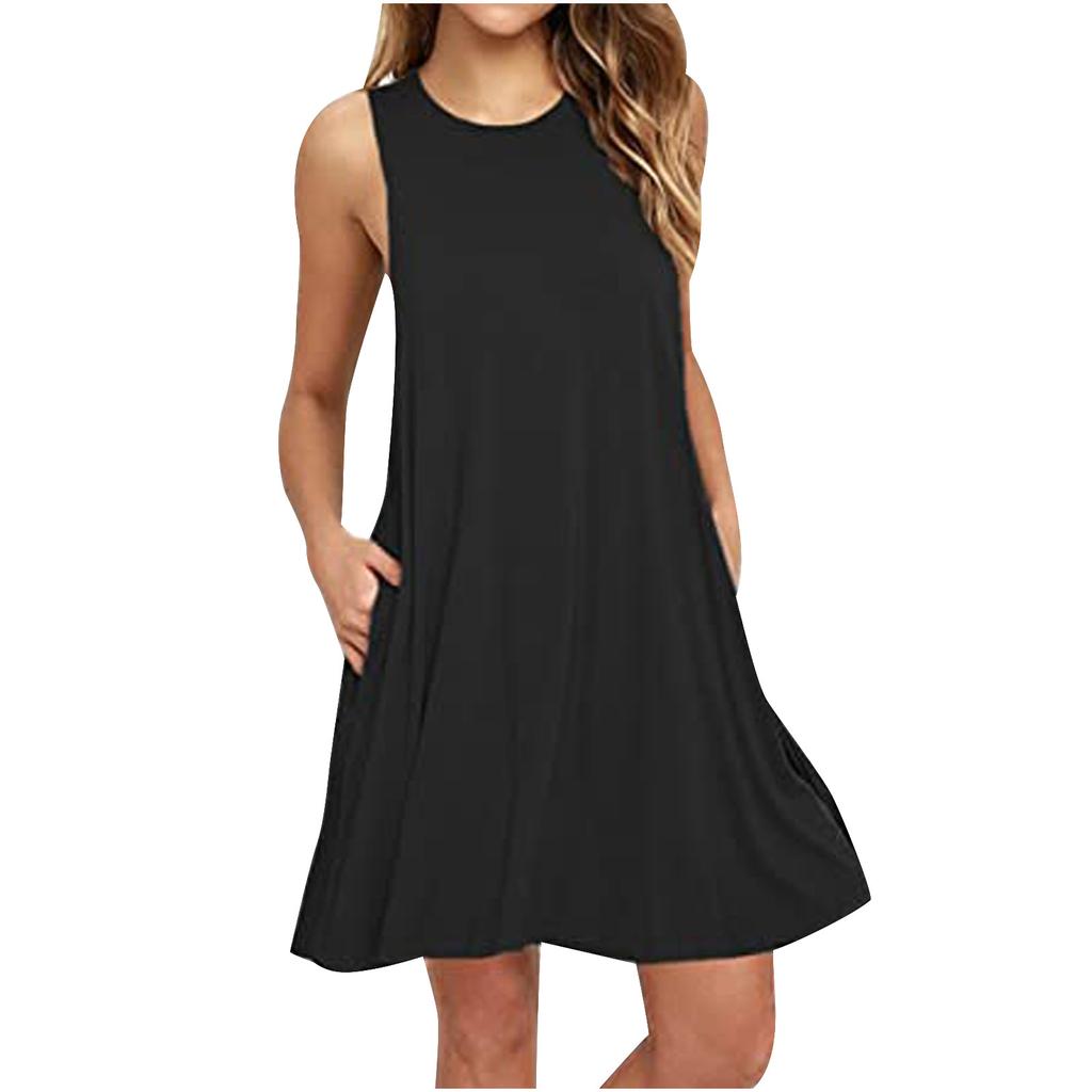 Fashion Women Casual Solid Pockets Sleeveless Above Knee Dress