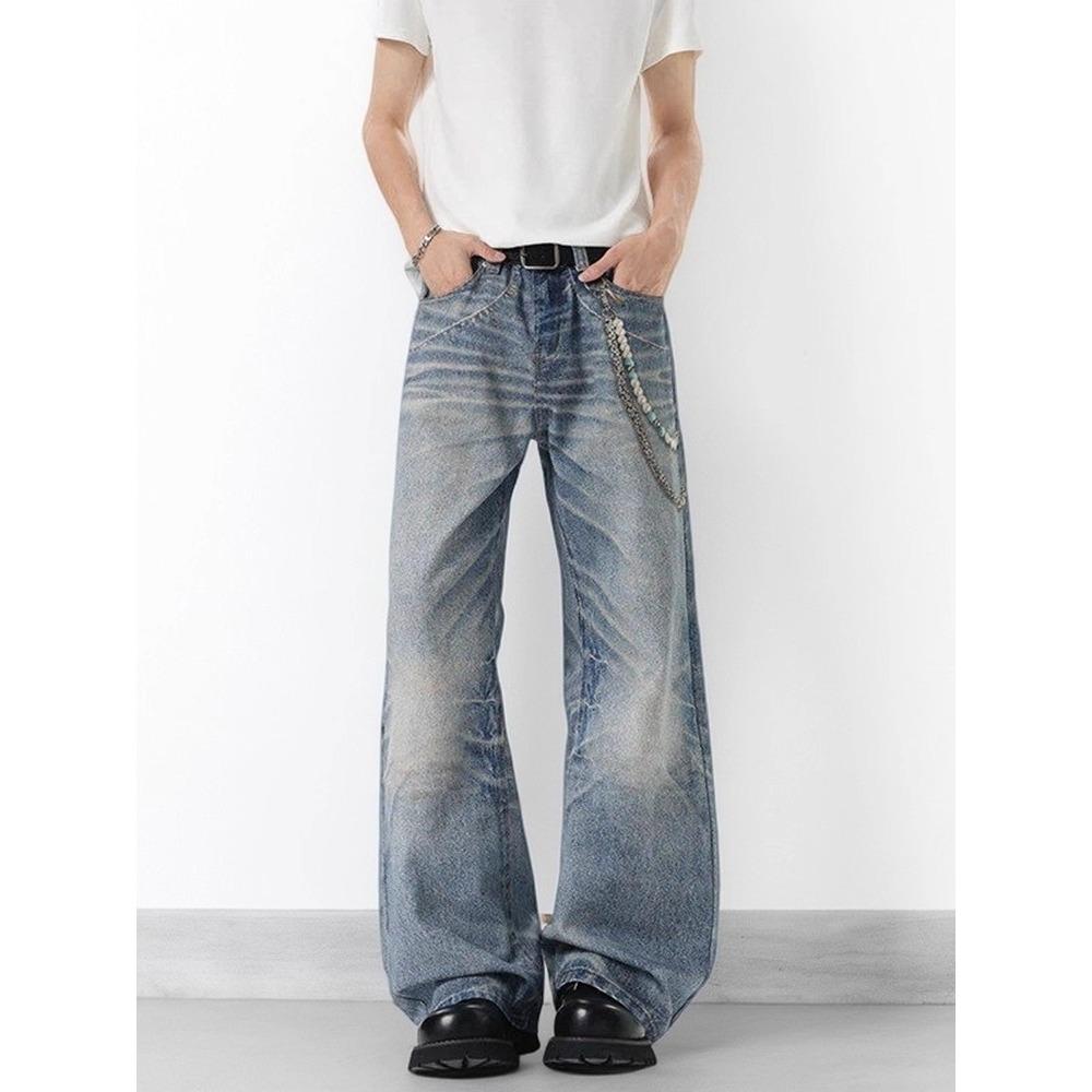 American Niche Design Sense D Printing Old Jeans Men's Vibe Loose Straight Slightly Wide Legs Mopping Trousers