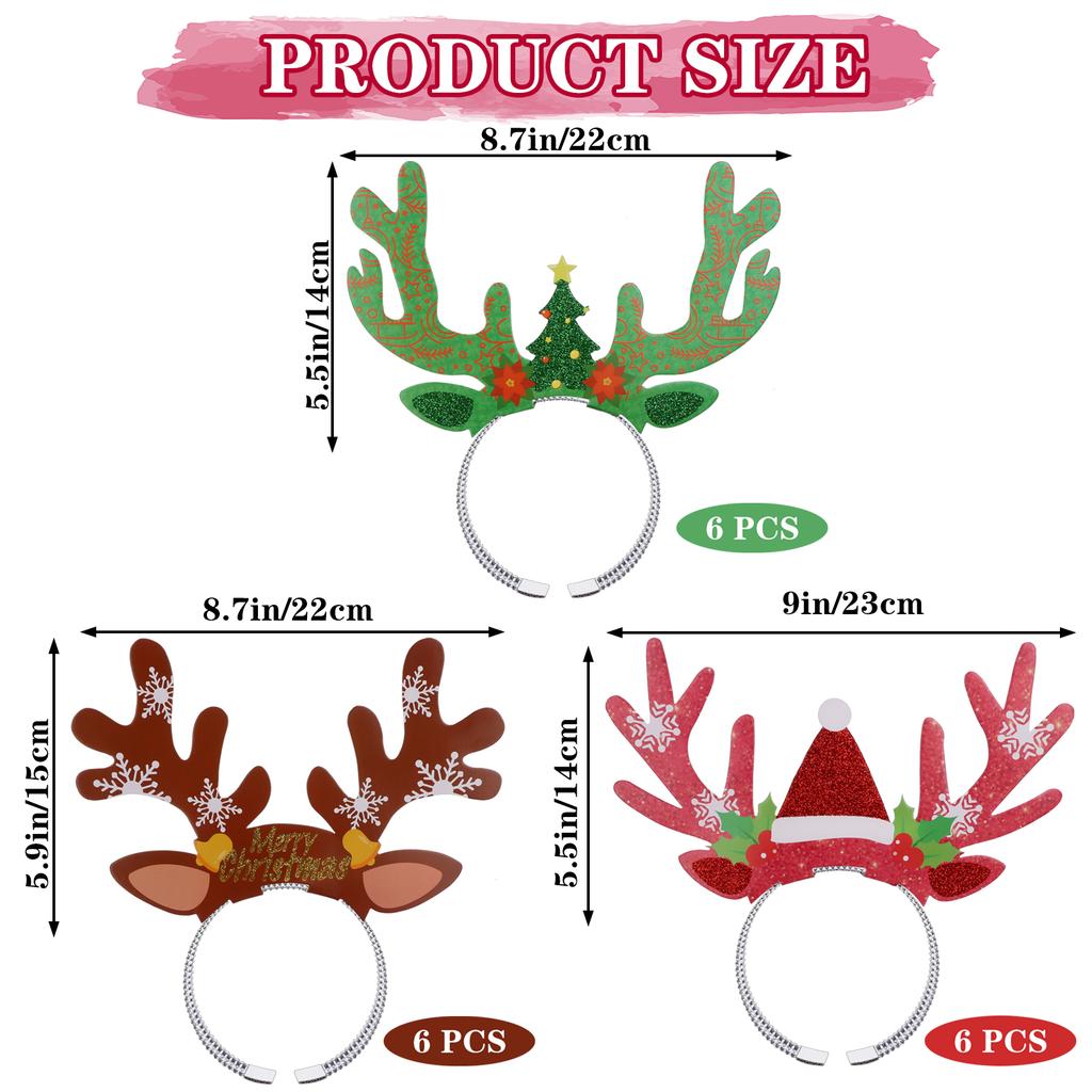 Ruiyele 18Pcs Christmas Reindeer Antlers Headband Cute Glitter Xmas Hair Hoops For Christmas Costume Party Decoration Holiday Ac