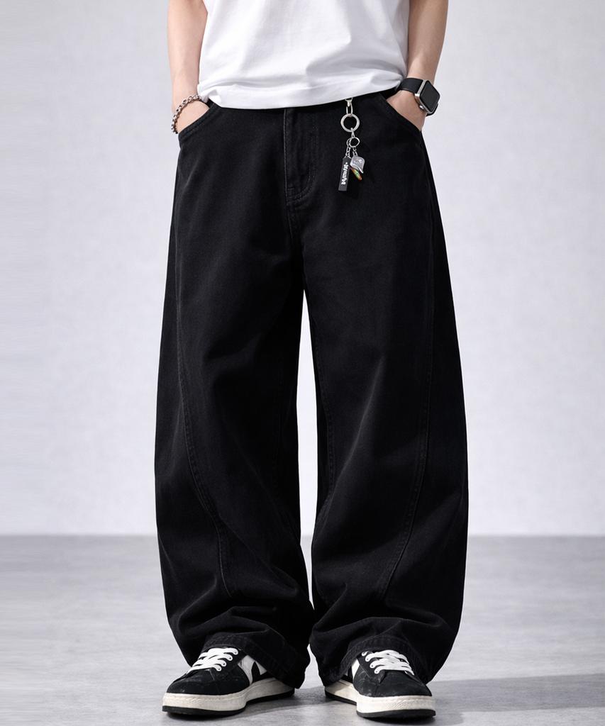 Jikeulib Black Curved Cut-Line Wide Cotton Pants