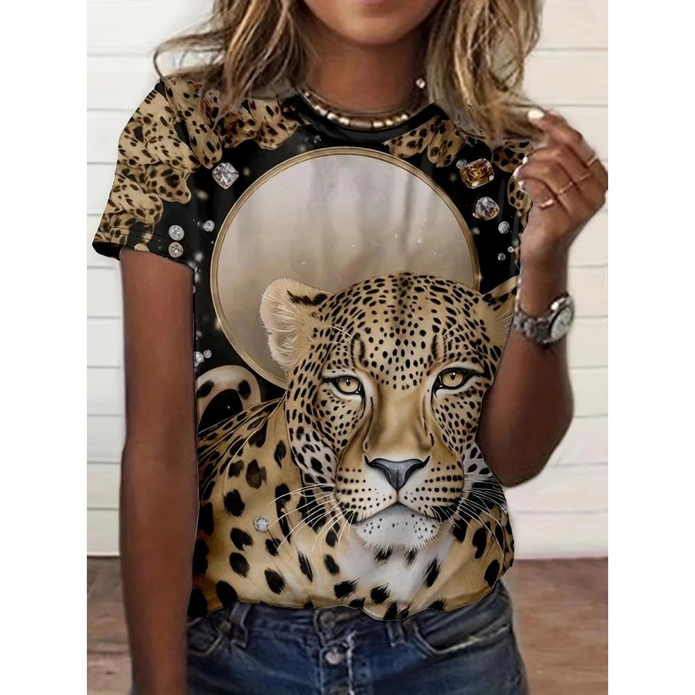 3D Printed Leopard Print Women's Short Sleeved T-shirt, Women's Top, Suitable for Daily Wear