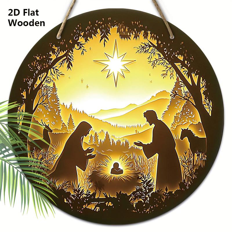 Nativity Wooden Christmas Sign - Jesus Navidad Round Sign for Front Door Wall Hanging Decor - Ideal Christmas Decoration
