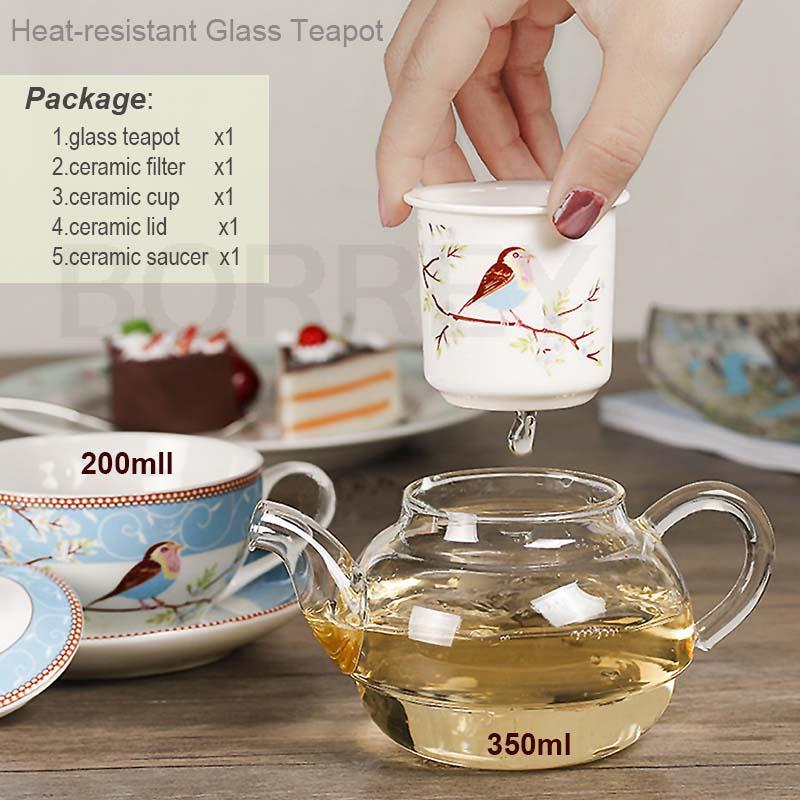 BORREY Flower Tea Pot Ceramic Teacup Saucer Heat Resistant Glass Teapot Filter Porcelain Office Coffee Cup Mug Afternoon Tea Set