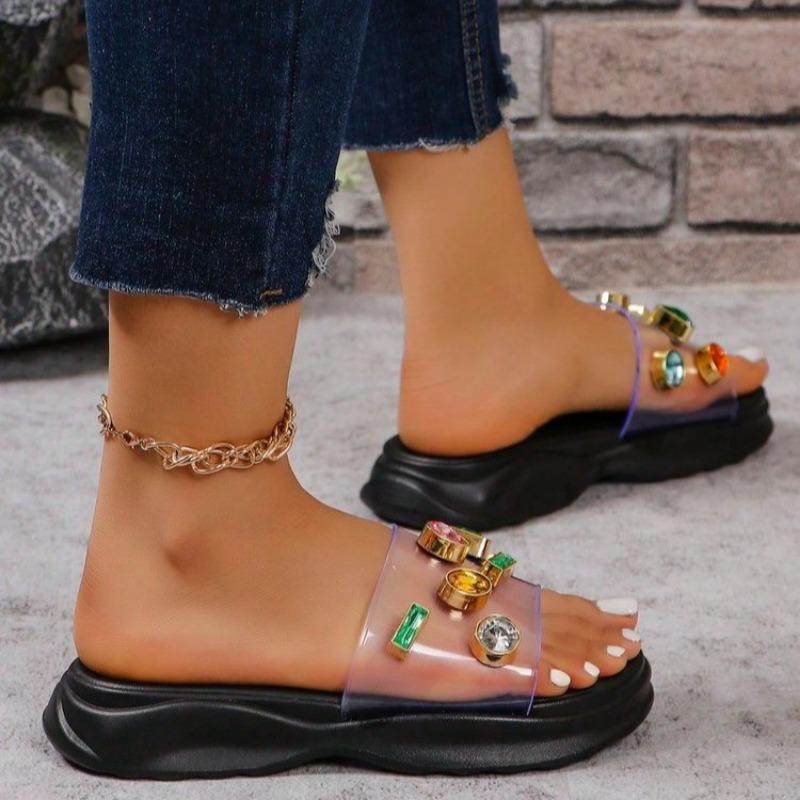 Fashion Platform Slippers Summer New Round Head Open Toe Crystal Buckle Transparent Strap Anti-slip Wear-resistant Sandals