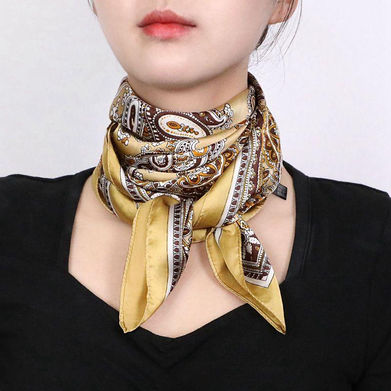 Ethnic Print Square Scarf for Women: Fashionable Versatile Silk-like & Mulberry Silk Material Small Scarf & Neck Accessory