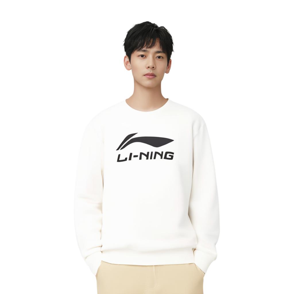 Li Ning Sports Trend Series Casual Minimalist Solid Color Round Neck Pullover Loose Sweatshirt Men sweatshirt Off-White AWDV243-1