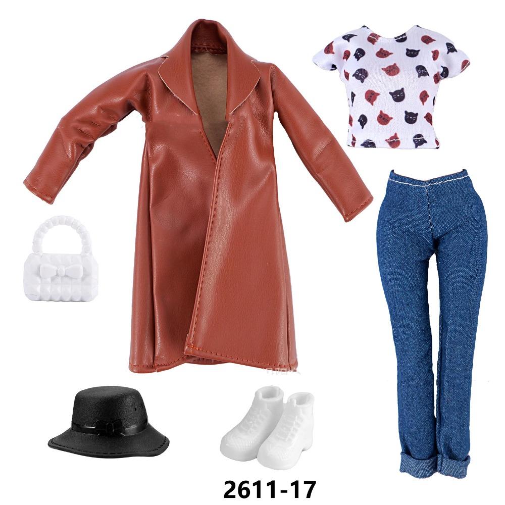 30cm Doll Clothes Fashion Luxury Fur Collar Waist Leather Trench Coat Jacket Pants Skirt Set For 1/6 Supermodel Doll Accessories