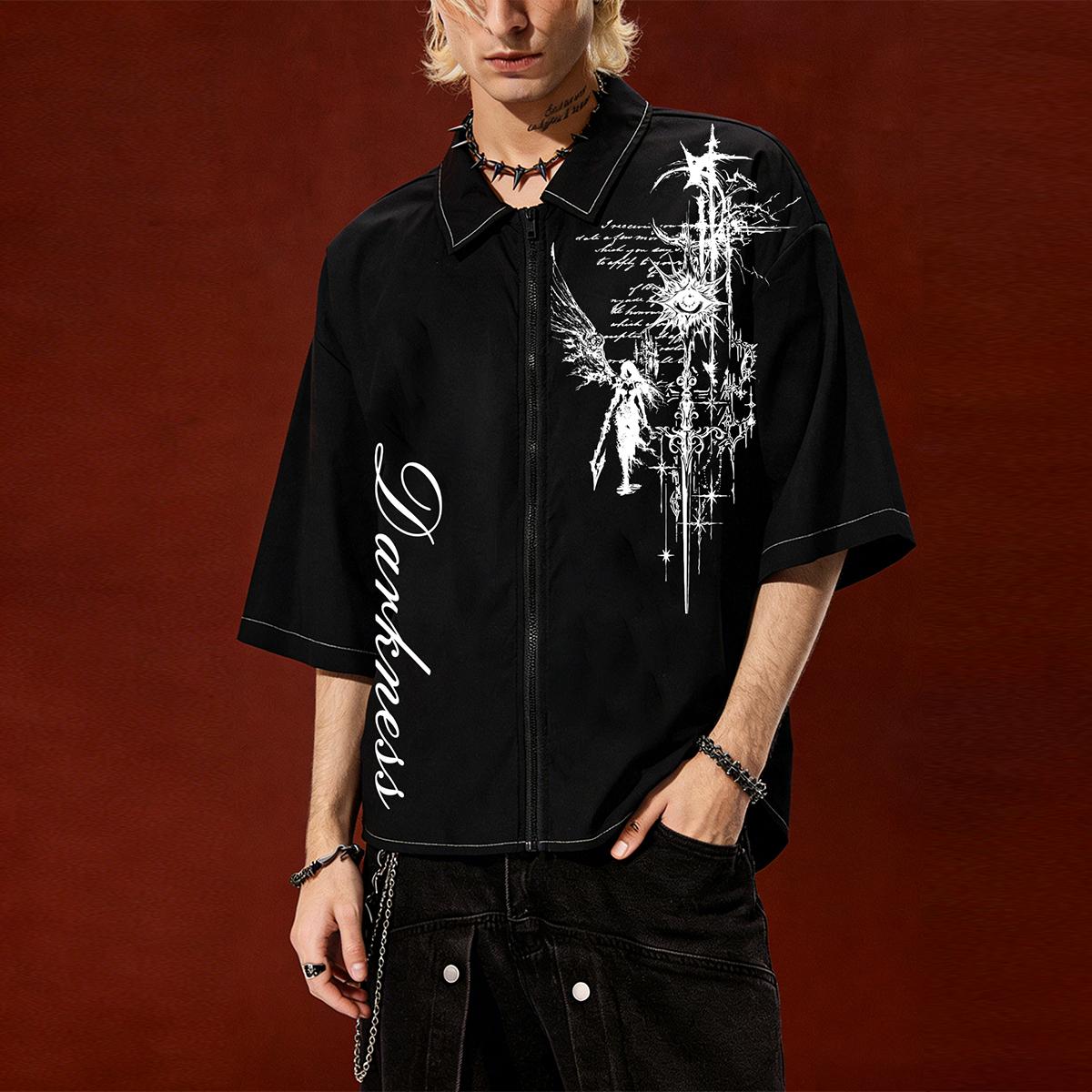 Men s Y2K Gothic Darkness Angel Eye Cross Shirt L чёрный