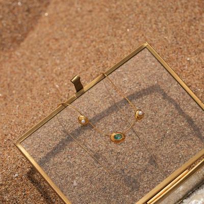 Premium Light Luxury Copper Plated 18K Real Gold Inlaid Emerald Pearl Pendant Collarbone Chain Personalized Fashion Simple Necklace