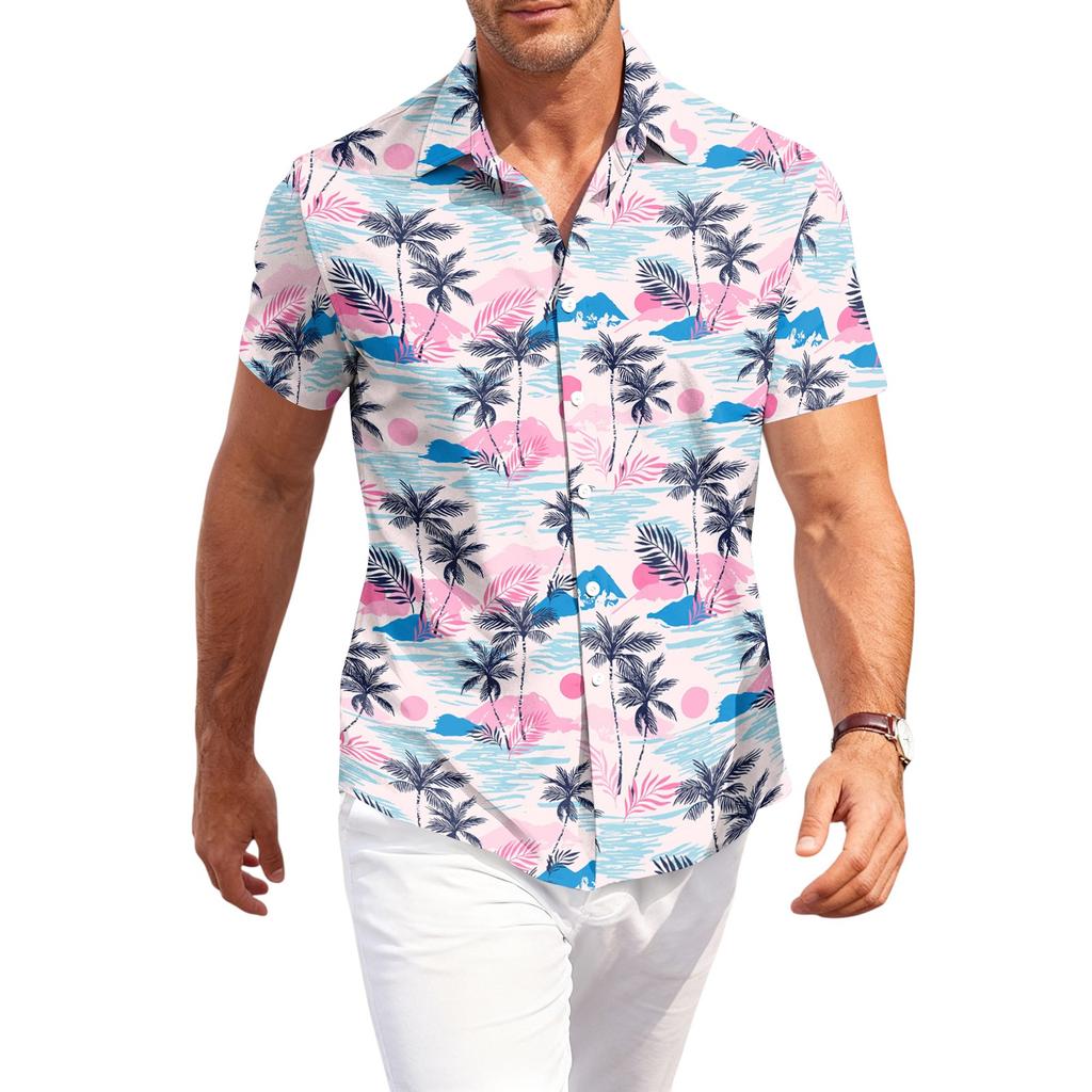 Men's Casual Loose Fit Short Sleeve Hawaiian Shirt Lightweight Breathable Button Down Beach Shirt with Tropical Palm Tree and Shell Print