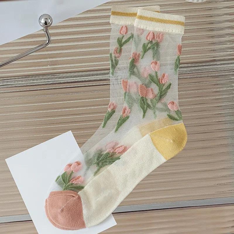 

Женские весенне-летние дышащие носки до середины икры в стиле мори с 3D-дизайном тюльпанов One Size