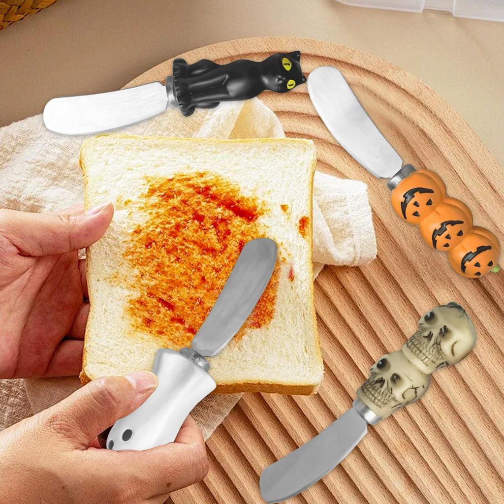 Cheese Spreader Knives 4 Pieces Halloween Pastry Knives Ergonomic Pumpkin Cat Ghost Skull Spreader For Toast Sandwich Jam Cream