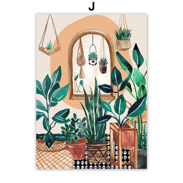 Boho Girl's Life Cat Monstera Plants Abstract Nordic Wall Art Canvas Painting Posters And Prints Pictures For Living Room Decor