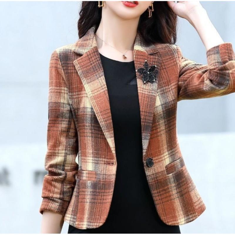 Women's Spring and Fall Short Plaid Blazer