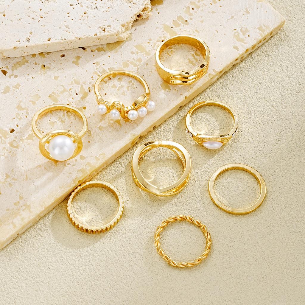 8Pcs/Set Gold Color Imitation Pearl Crystal Rings for Women Geometric Wave Cross Twisted Finger Ring Fashion Jewelry Accessories