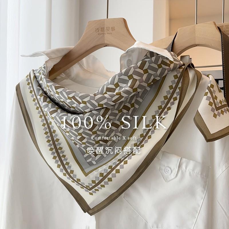 Spring new 100% mulberry silk square scarf high-end design sense light luxury silk double crepe silk scarf fashion versatile accessories 67