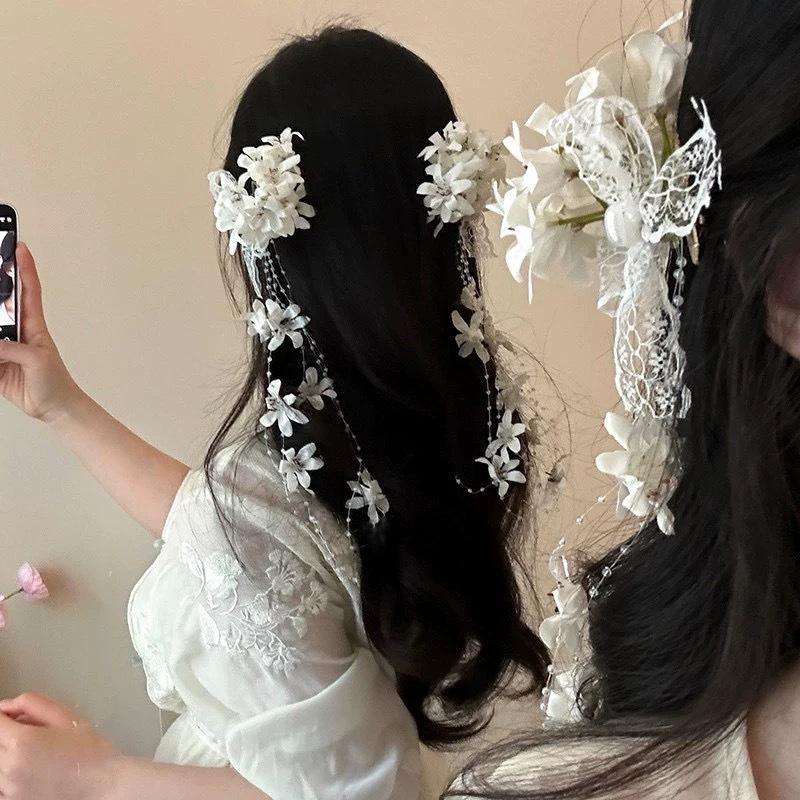 1/2Pcs New Chinese Style Ancient Bell Flower Hairpin Women'S Forest Atmosphere Tassel Side Clip Bridal Updo Hair Accessory