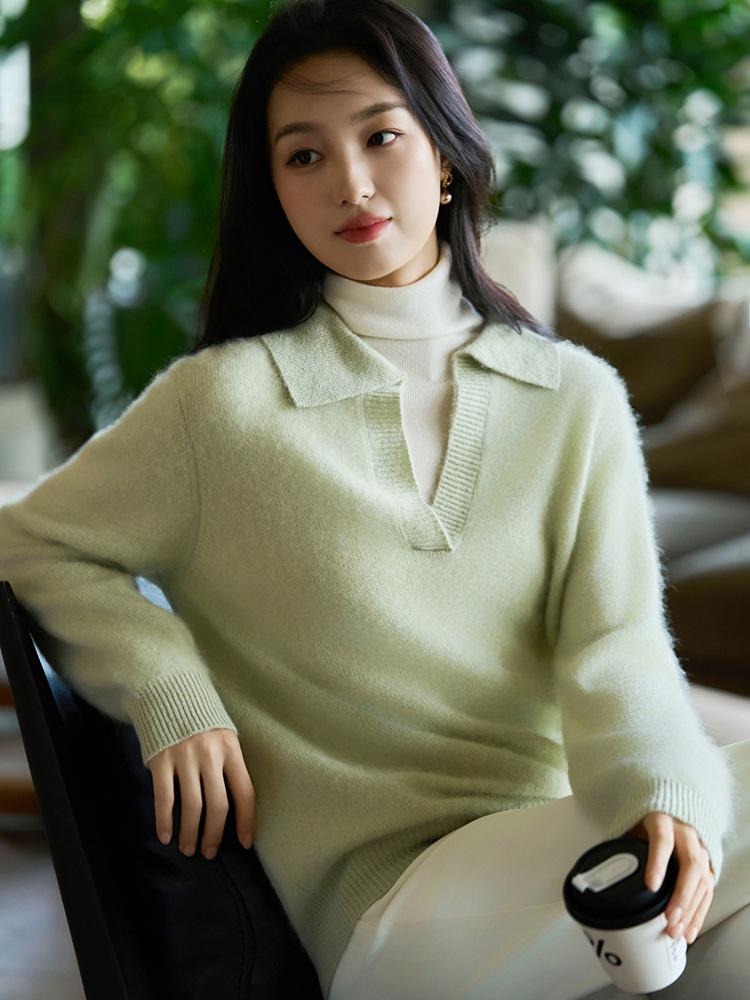 Pure Wool Lapel Knit Long Sleeve Women's Soft Brushed Base Layer for 2025 Autumn/Winter