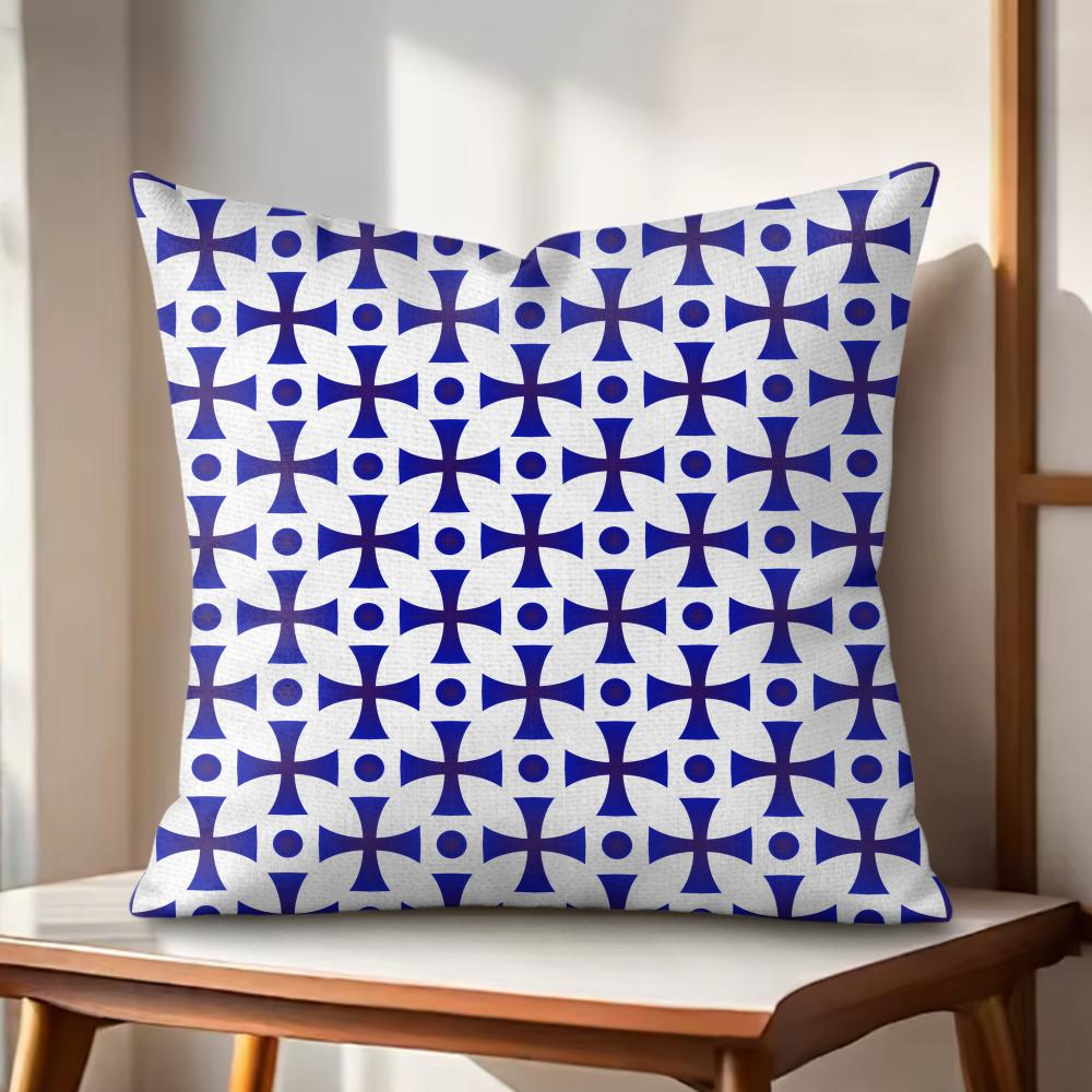 

Blue White Geometric Cushion Cover Natural Linen Organic Fabric DoubleSided Printing Couch Pillow Covers Home Decor 30x30cm