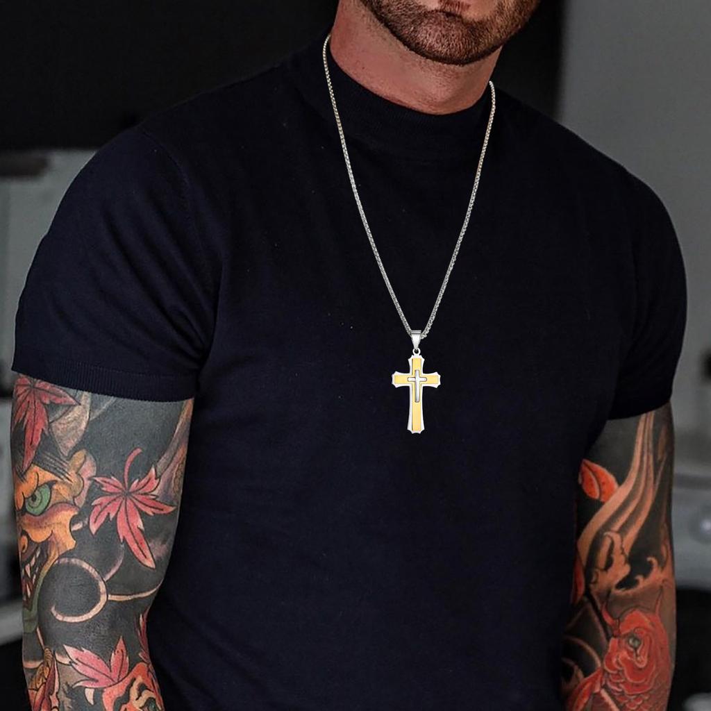 Xiaomi Vnox Chunky Three Layered Cross Necklaces for Men, Black Silver Color Stainless Steel Bold Faith Cross Pendant,Hip Hop Necklace