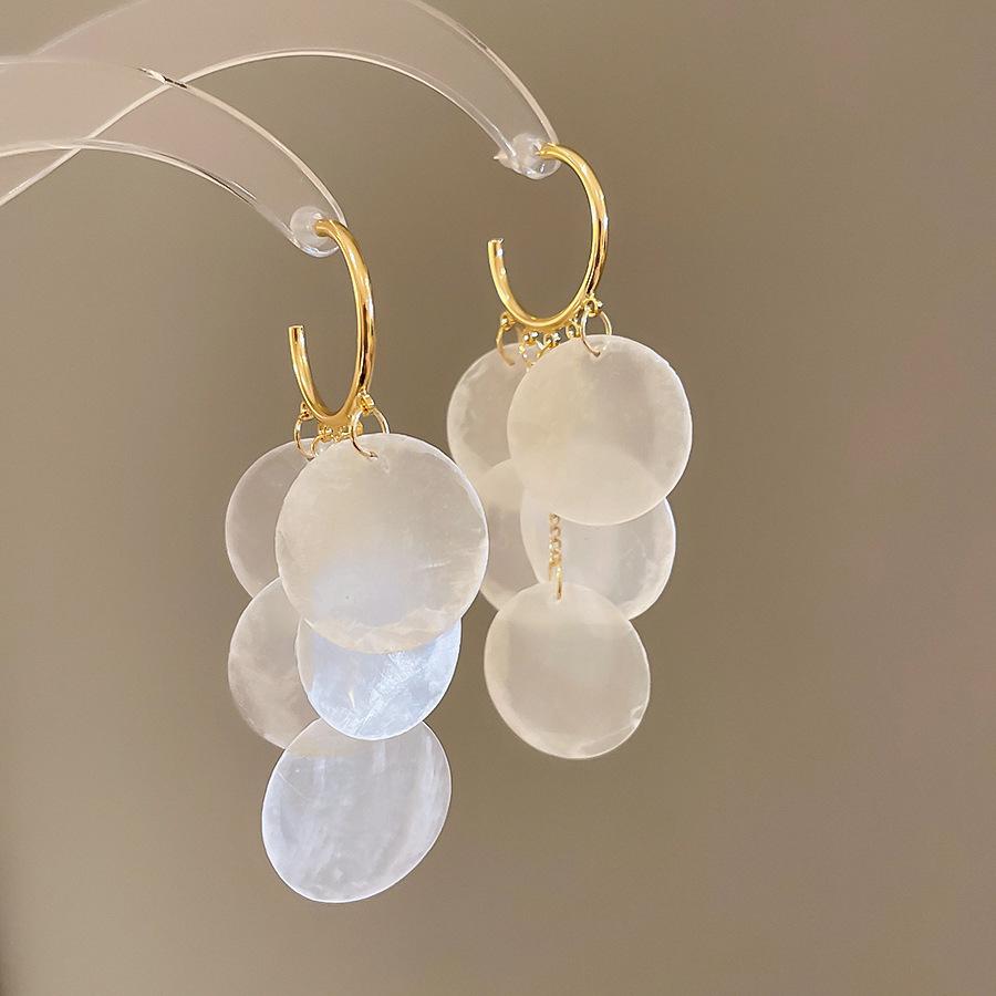 Silver Geometric Seashell Tassel Stud Earrings – Beach Vacation Style for Women
