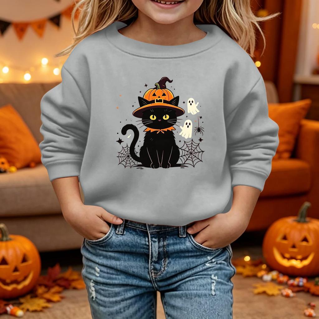 Kids Halloween Printed Sweatshirt Casual Loose Fit Long Sleeve Pullover for Halloween Party