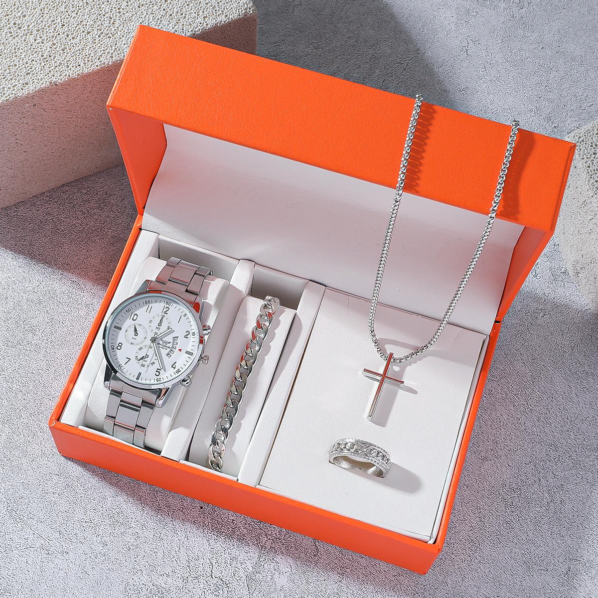 

Hip hop style steel strap quartz three eye high-value watch silver cross necklace Cuban chain ring four piece set with gift box серебряный