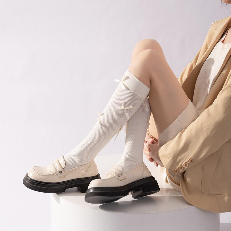 

Женские гольфы до икры в балетном стиле, бархатные гольфы до колена для весны и осени, длинные компрессионные гольфы с бантом в стиле Лолита 1 pair бежевый