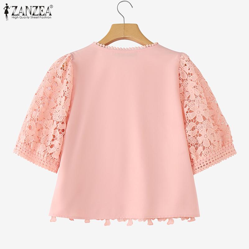 ZANZEA Women Summer V-Neck Short Sleeve Casual Lace Patchwork Blouse