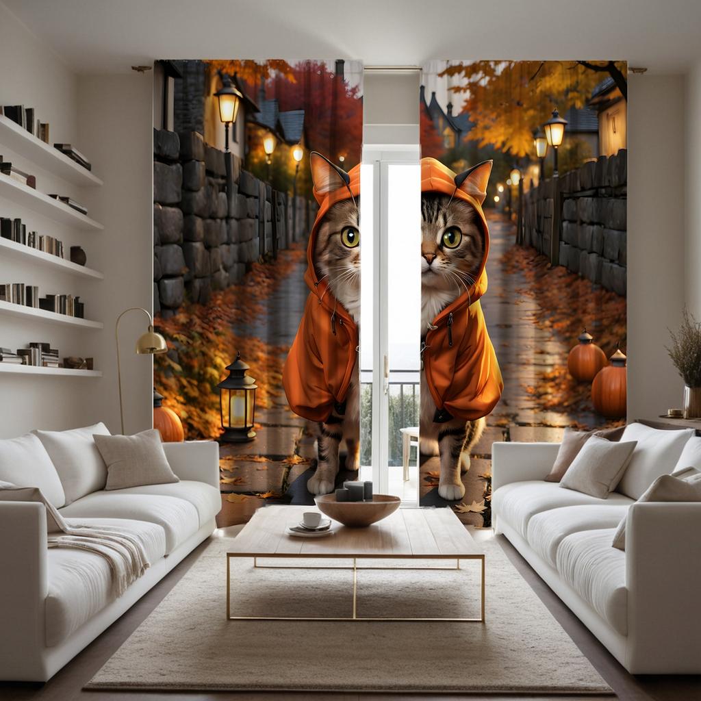2 Pieces HD Thanksgiving Alley Maple Leaf Pumpkin Cat Curtain Yellow Tie Digital Printed Curtain Home Decoration Style Decorate