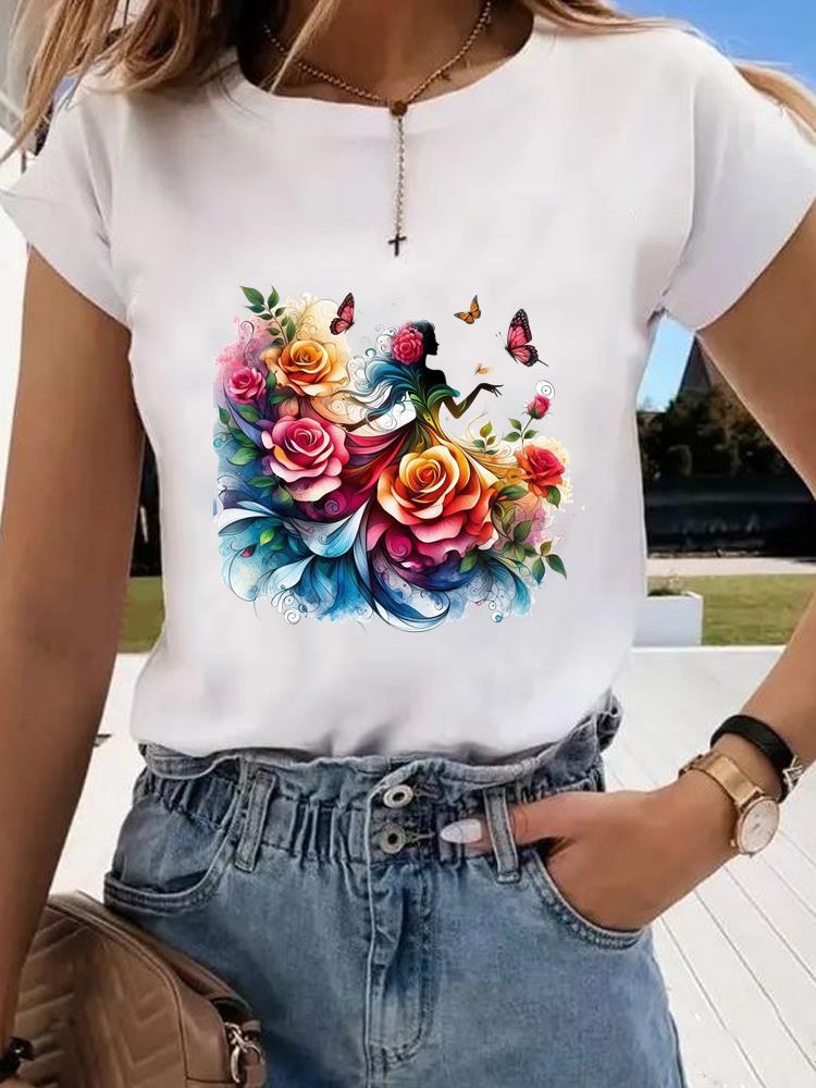 (Asian Size)  trend butterfly flower cute Graphic Tee Fashion T Clothing Women's Top  Print Female Casual  Short Sleeve T-shirts