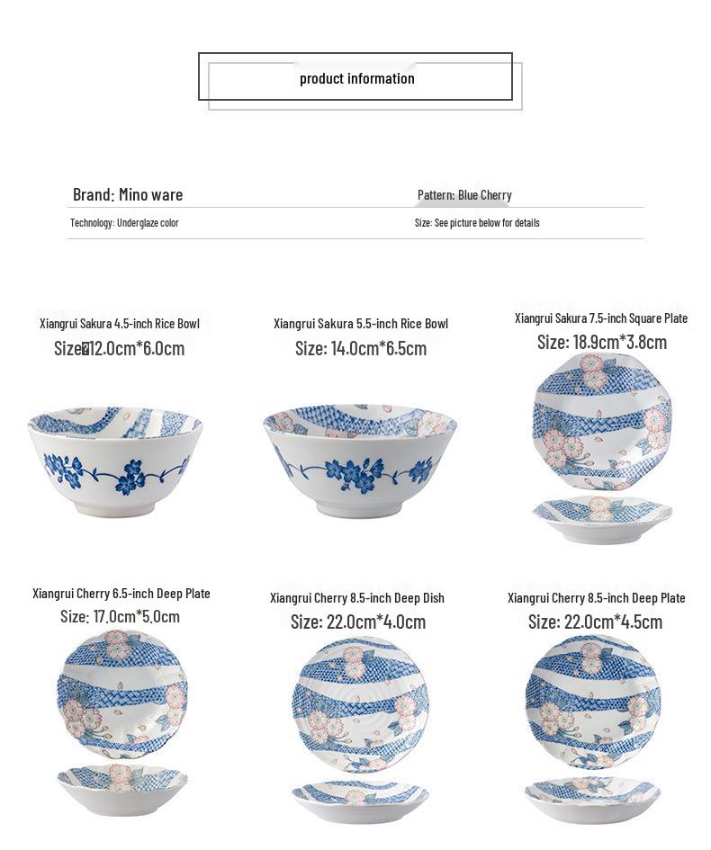Japanese Mino Ware Ceramic Tableware Set: Creative Underglaze Fruit Plate, Noodle Bowl, and Rice Dish.