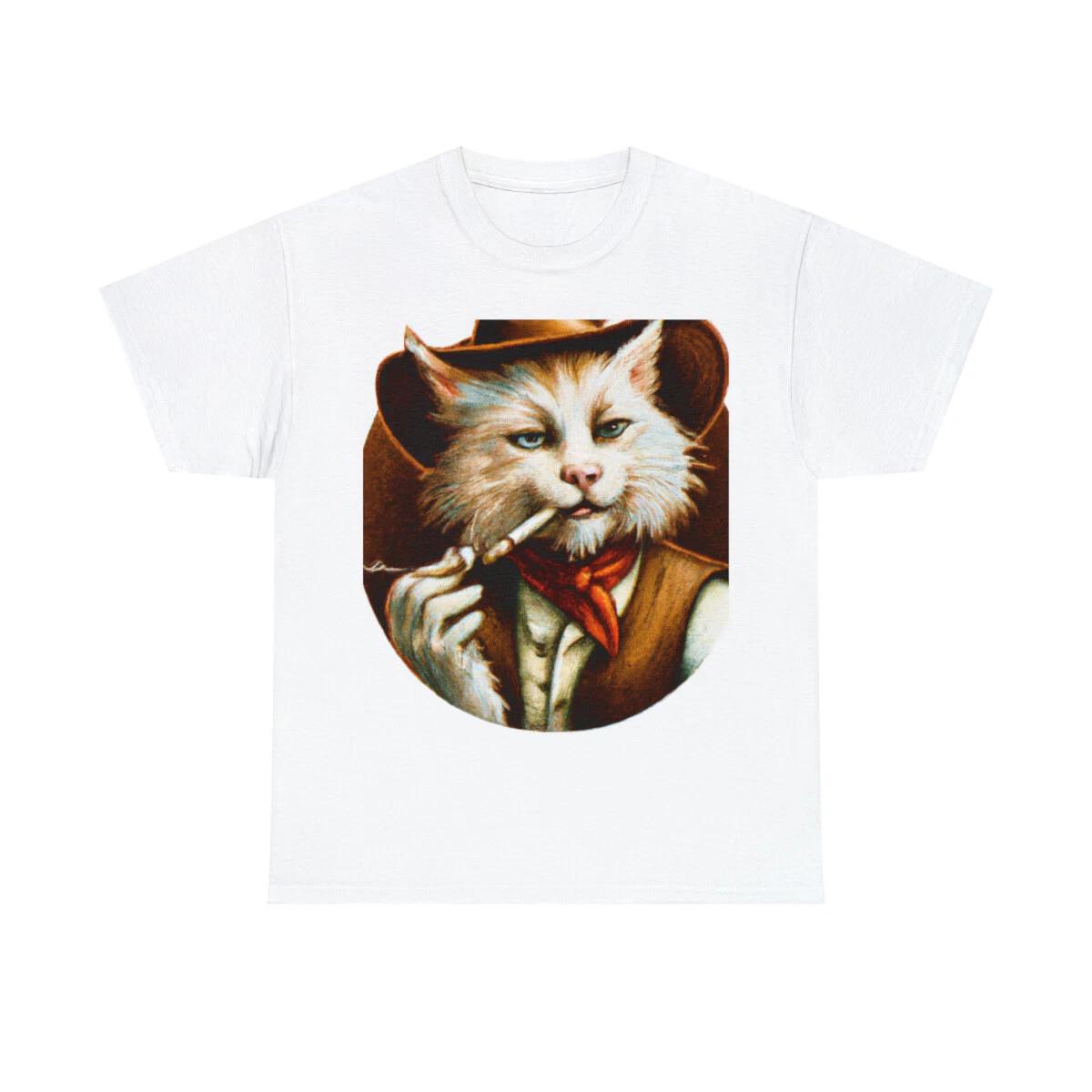 Retro Style Cat T Shirt Unisex Adult Cowboy Cigarette Art Western Movie Funny S