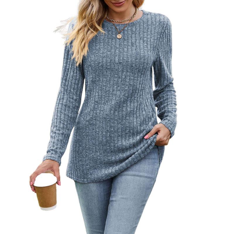 Modne damskie bluzki i koszule na co dzień w jednolitym kolorze z długim rękawem i dekoltem w kształcie litery O