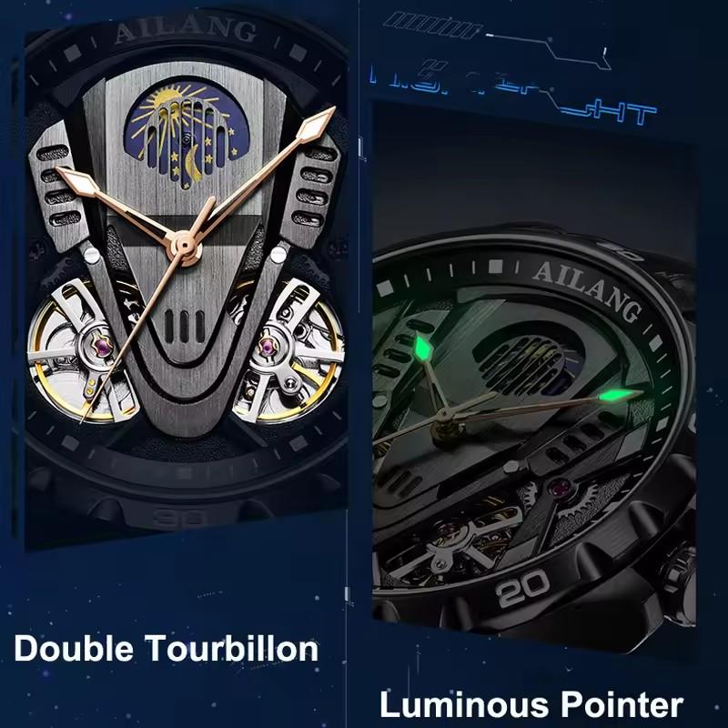 AILANG 8831Luxury Double Tourbillon Mechanical Watch Luminous Moon Phase Dial Automatic Clock Waterproof Bracelet Hollowed Reloj