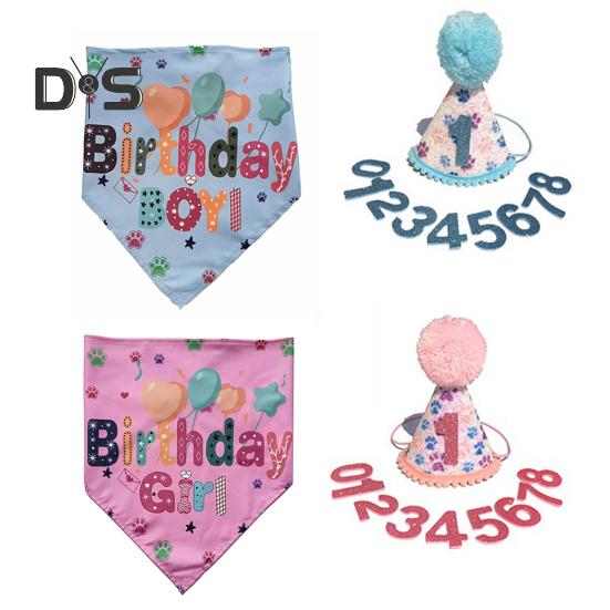 Dog Birthday Costume Accessory Pet Hat Bandana Numbers Set Puppy Dress Up Triangle Scarf Outfit for Small Medium Large Dogs