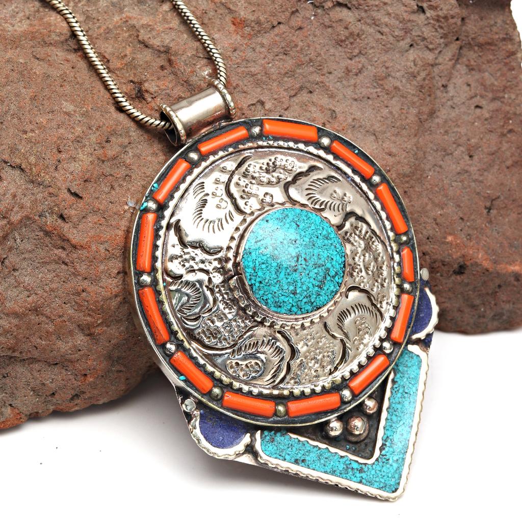 Handmade Tibetan Silver Gemstone Turquoise Red Coral Nepali Necklace Jewelry