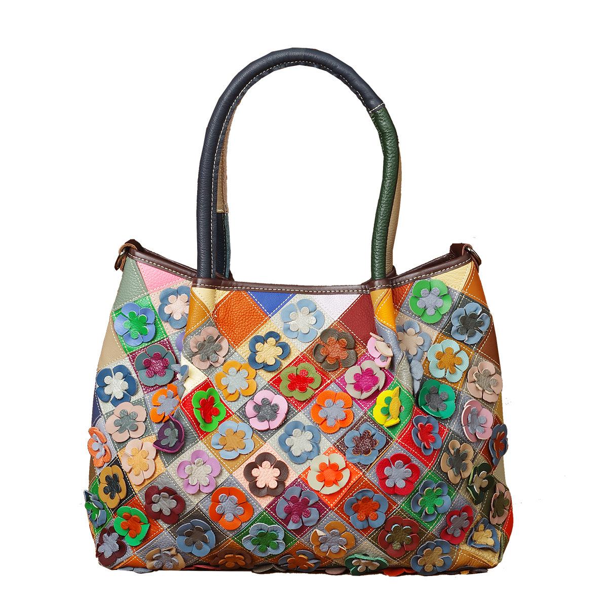 

Leather Women S Bag Hand-Spliced Flowers Colorful Random Contrasting Color Shoulder Messenger Bag