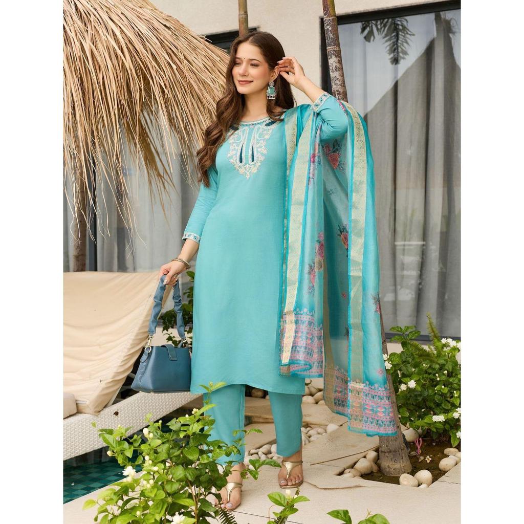 Women's Viscose Embroidered Straight Kurta with Pant And Dupatta Sets