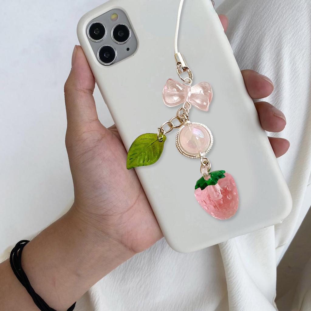 Cute Strawberry and Leaf Phone Lanyard Elegant Strawberry Leaf Designed Phone Strap Unique Phone Chain Charm for Women