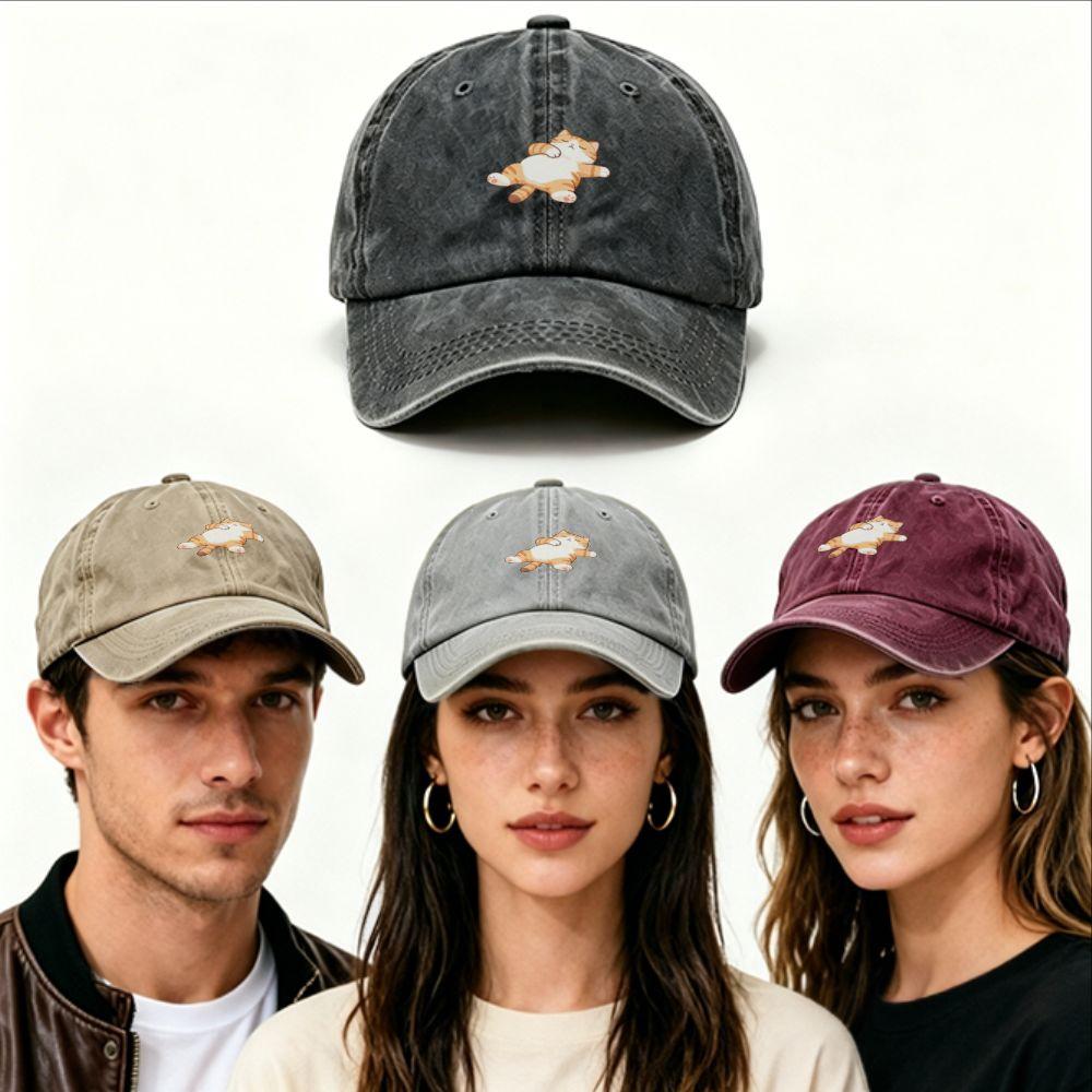 Pc Retro Washed Distressed Baseball Cap Animal Print Cozy Sleeping Cat Design Daily Outdoor Unisex Wearable Comfortable Accesso