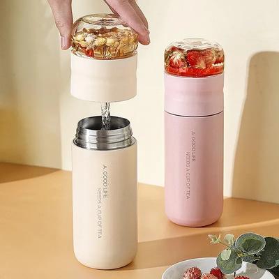 Kopp med Filter Rostfritt Stål Te Flaska Kopp med Glasinsats Separerar Te och Vatten 300ML Termos Vakuumflaska- för isolerad glasinsatskopp